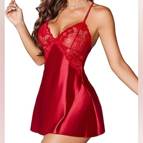 Avidlov Women Lingerie V Neck Nightwear Satin Lace Chemise Mini Teddy Red Nighty - Picture 4 of 8